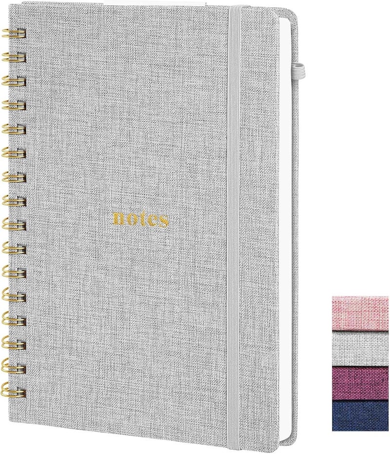 TSFPapier A5 Spiral Notebook – Hardcover Journal 160 Lined Pages 100 GSM Thick Paper With Elastic Band & Pen Holder College Ruled Writing Notebooks for Work School Travel Gray - Image 1